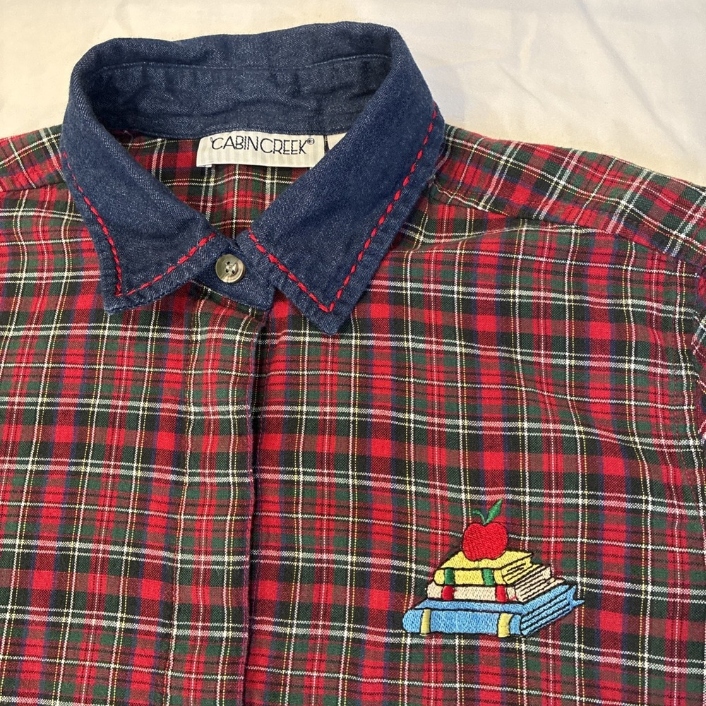 Cabin Creek Button Up Shirt Women's Small School Teacher Core Embroidered Plaid